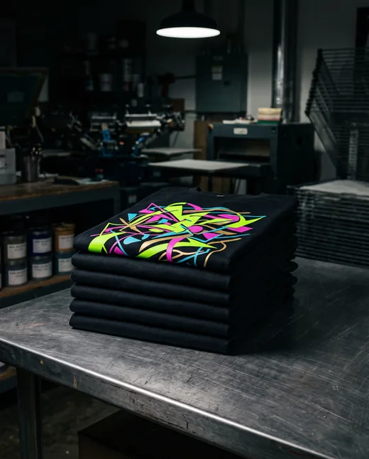 Stack of folded black tees with a multi-color print